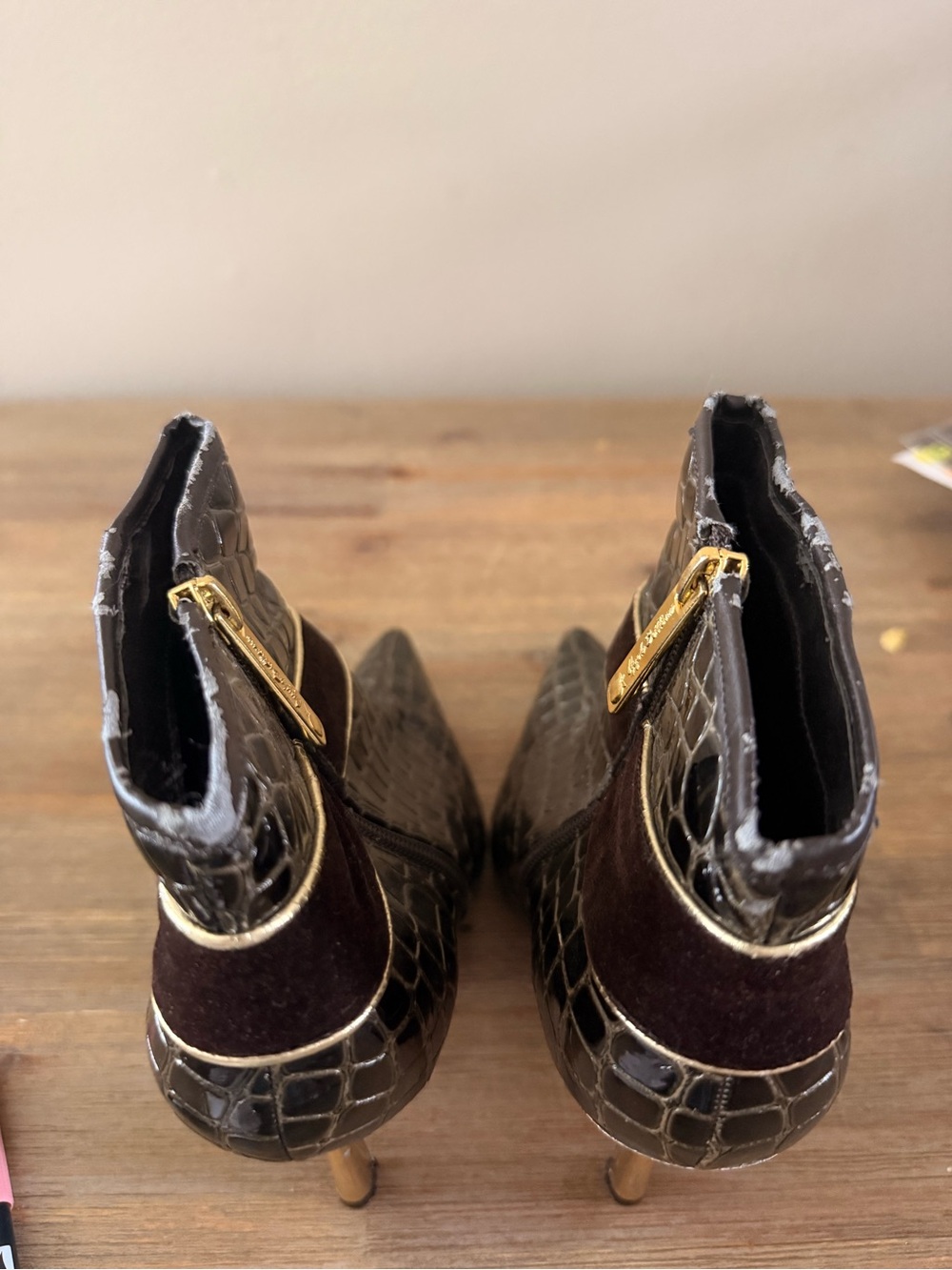 Apple Bottoms Black Croc-Embossed Pointed Ankle Booties with Gold Heart Accent - Picture 3 of 6